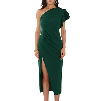 Women's Ruffle Sleeve Dresses Split Hem One Shoulder Cocktail Midi Dress