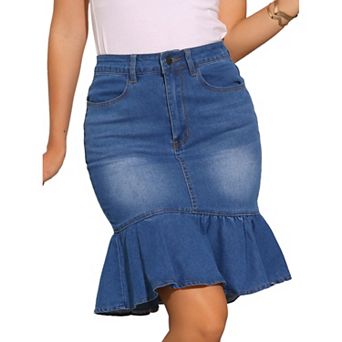 Denim Skirt for Women's Knee Length Jean Ruffled Bodycon Fishtails Skirt