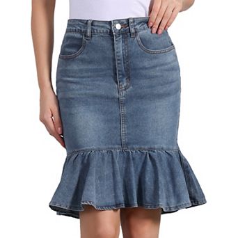 Denim Skirt for Women's Knee Length Jean Ruffled Bodycon Fishtails Skirt