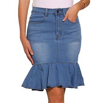 Denim Skirt for Women's Knee Length Jean Ruffled Bodycon Fishtails Skirt