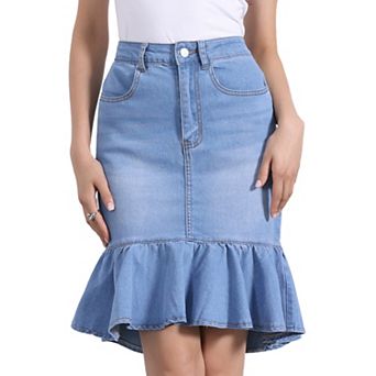 Denim Skirt for Women's Knee Length Jean Ruffled Bodycon Fishtails Skirt