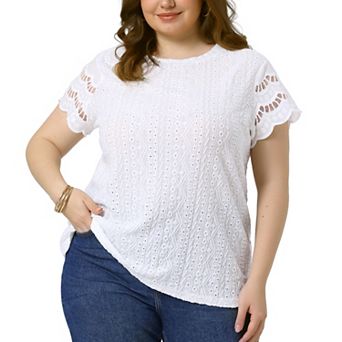Plus Size Tops for Women Round Neck Lace Panel Hollow Short Sleeve Dressy Eyelet Blouses