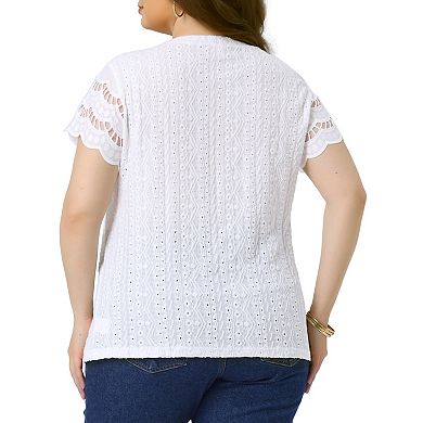 Plus Size Tops for Women Round Neck Lace Panel Hollow Short Sleeve Dressy Eyelet Blouses
