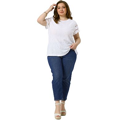 Plus Size Tops for Women Round Neck Lace Panel Hollow Short Sleeve Dressy Eyelet Blouses