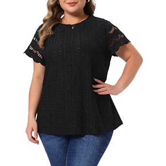Plus Size Tops for Women Round Neck Lace Panel Hollow Short Sleeve Dressy Eyelet Blouses