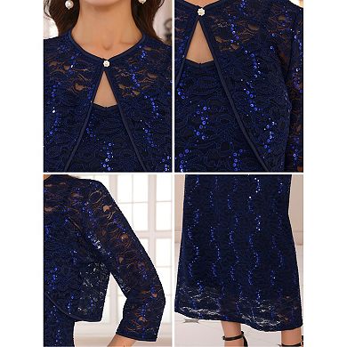 Women's Sequin Two Piece Dress Sets Cocktail Lace Spaghetti Strap Dresses and Cropped Cardigans