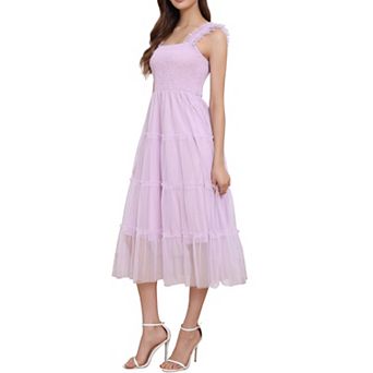 Women's Tulle Dress Smocked Square Neck Tiered Ruffled Wedding Guest Dress