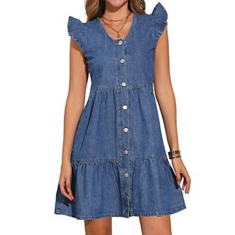 Women's Denim Dress Summer V Neck Cap Ruffle Sleeve Button Down Flowy Swing Babydoll A Line Dress