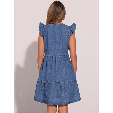 Women's Denim Dress Summer V Neck Cap Ruffle Sleeve Button Down Flowy Swing Babydoll A Line Dress