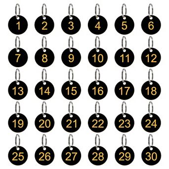 Number Key Tags 1-30, 30 pc 35mm Round Number Tags Plastic Numbered Keychains for Keys Lockers