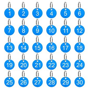 Number Key Tags 1-30, 30 pc 35mm Round Number Tags Plastic Numbered Keychains for Keys Lockers