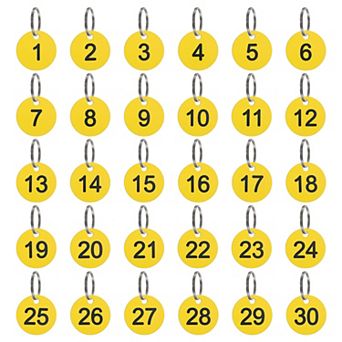 Number Key Tags 1-30, 30 pc 35mm Round Number Tags Plastic Numbered Keychains for Keys Lockers