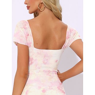 Midi Ruched Dress for Women's Bodycon Square Neck Printed Dresses