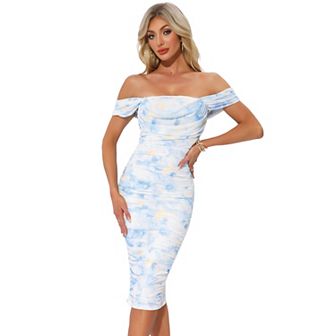 Midi Ruched Dress for Women's Bodycon Square Neck Printed Dresses