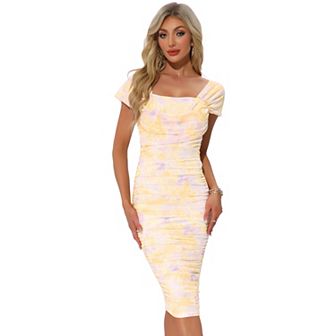Midi Ruched Dress for Women's Bodycon Square Neck Printed Dresses