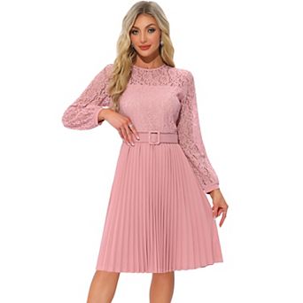 Women's Pleated Dress Casual Long Sleeves Belted Wedding Guest Floral Lace Dress