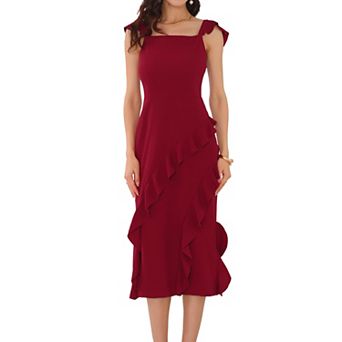 Women's Sleeveless Dresses Square Neck Ruffle Cocktail Midi Dress