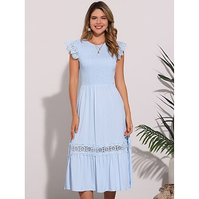 Summer Boho Midi Dress for Women's Flutter Sleeve Lace Trim Smocked Ruffle Flowy Beach Dress