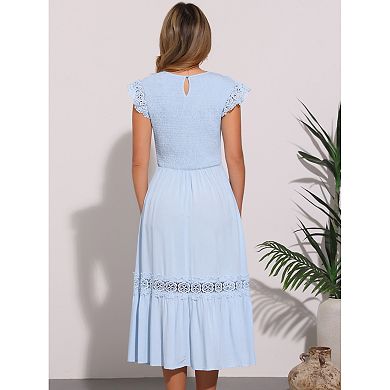 Summer Boho Midi Dress for Women's Flutter Sleeve Lace Trim Smocked Ruffle Flowy Beach Dress