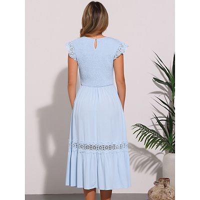 Summer Boho Midi Dress for Women's Flutter Sleeve Lace Trim Smocked Ruffle Flowy Beach Dress