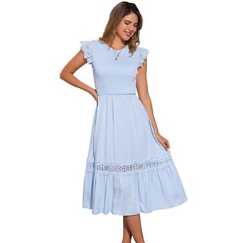 Summer Boho Midi Dress for Women's Flutter Sleeve Lace Trim Smocked Ruffle Flowy Beach Dress