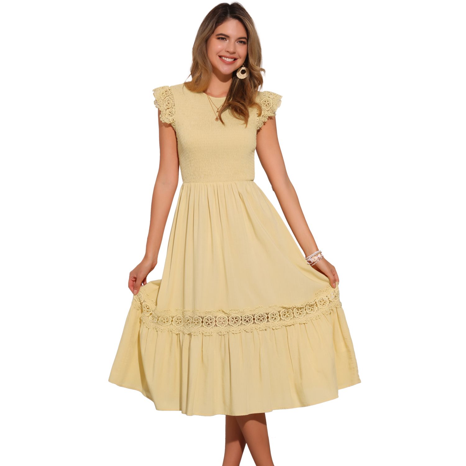 Женские платья Summer Boho Midi Dress for Flutter Sleeve Lace Trim Smocked Ruffle Flowy Beach Dress