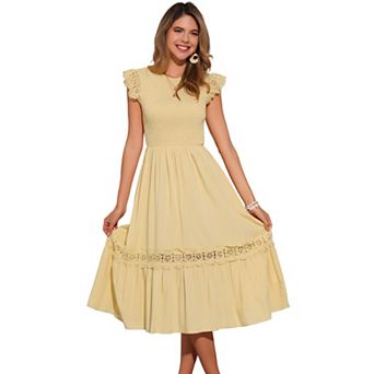 Summer Boho Midi Dress for Women's Flutter Sleeve Lace Trim Smocked Ruffle Flowy Beach Dress