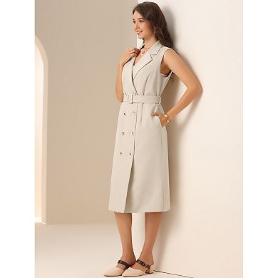 Sleeveless Blazer Dress for Women's Notched Lapel Double Breasted Belted Work Office Blazer