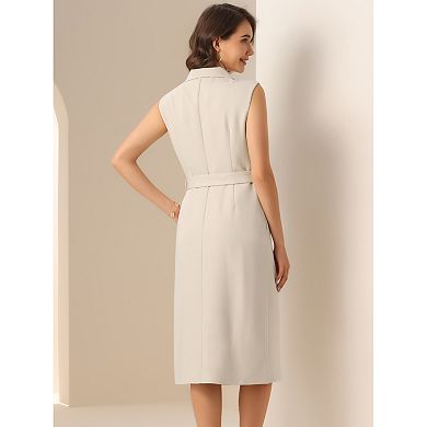 Sleeveless Blazer Dress for Women's Notched Lapel Double Breasted Belted Work Office Blazer