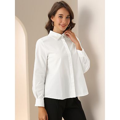 Women's Work Shirt Long Sleeve Blouse Embroidery Collar Button Down Shirt