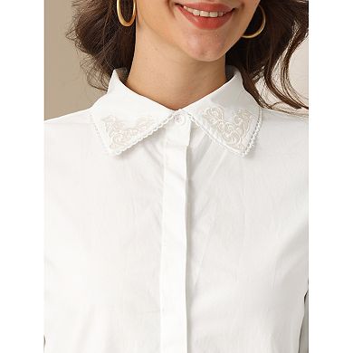 Women's Work Shirt Long Sleeve Blouse Embroidery Collar Button Down Shirt