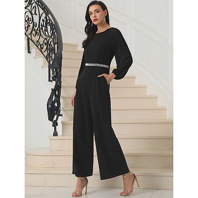 Women's Wide Leg Pants Jumper Long Sheer Sleeve Cocktail Jumpsuits