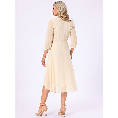 Women's Chiffon Dress Long Sheer Sleeve Wrap Cocktail Midi Dresses