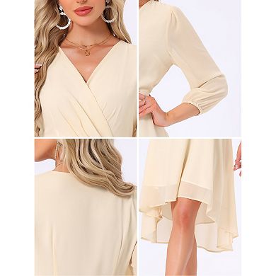 Women's Chiffon Dress Long Sheer Sleeve Wrap Cocktail Midi Dresses