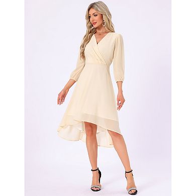 Women's Chiffon Dress Long Sheer Sleeve Wrap Cocktail Midi Dresses