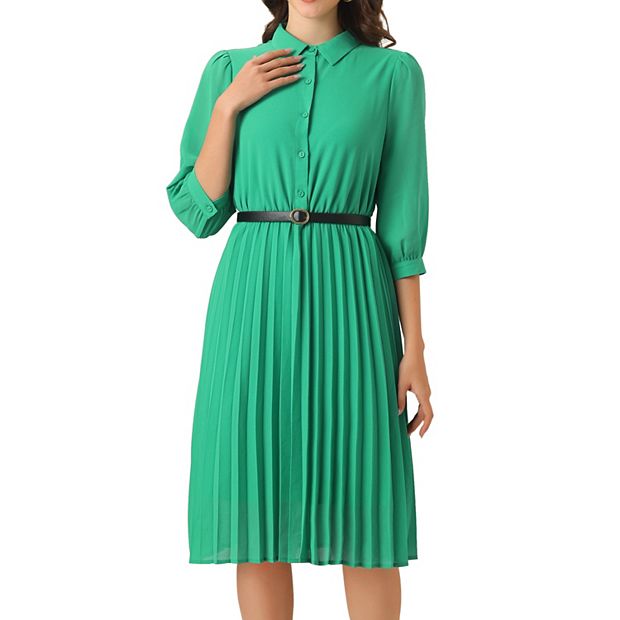 Work Dress for Women's 3/4 Sleeve Button Up Collar Flowy Pleated Dresses  with Belt
