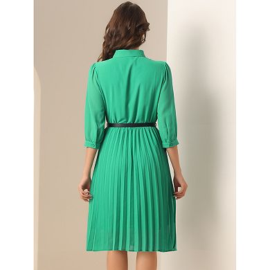 Work Dress for Women's 3/4 Sleeve Button Up Collar Flowy Pleated Dresses with Belt