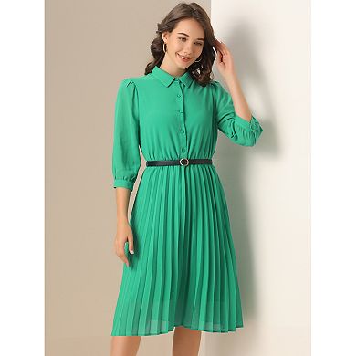 Work Dress for Women's 3/4 Sleeve Button Up Collar Flowy Pleated Dresses with Belt