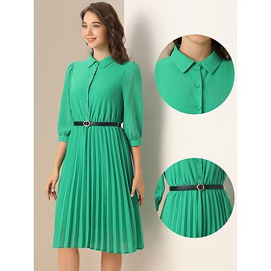 Work Dress for Women's 3/4 Sleeve Button Up Collar Flowy Pleated Dresses with Belt