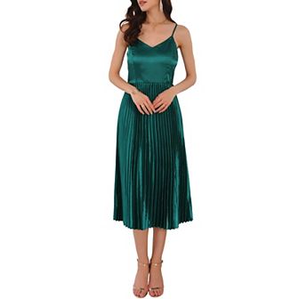 Women's Satin Dress Party Cocktail Spaghetti Strap Pleated Midi Dresses