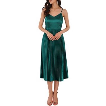 Women's Satin Dress Party Cocktail Spaghetti Strap Pleated Midi Dresses