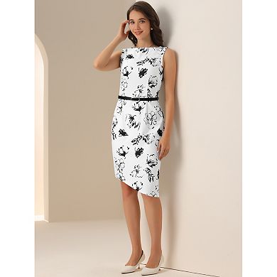 Women's Sleeveless Belted Dress Floral Print Boat Neck Asymmetrical Hem Knee Length Work Dresses