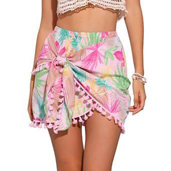Tropical Floral Skirt for Women's Tie Side Knot Tassel Split Beach Hawaiian Mini Skirt