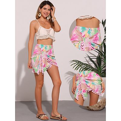 Tropical Floral Skirt for Women's Tie Side Knot Tassel Split Beach