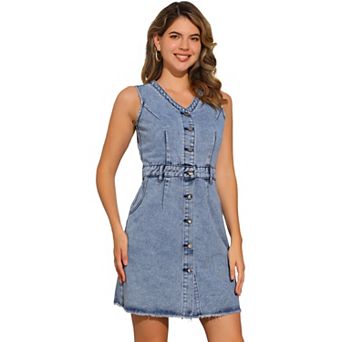 Sleeveless Denim Dresses for Women's Button Down V Neck Pockets Work Office Casual Midi Dress