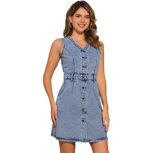 Sleeveless Denim Dresses for Women's Button Down V Neck Pockets Work Office  Casual Midi Dress