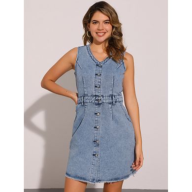 Sleeveless Denim Dresses for Women's Button Down V Neck Pockets Work Office Casual Midi Dress