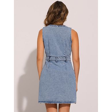 Sleeveless Denim Dresses for Women's Button Down V Neck Pockets Work Office Casual Midi Dress