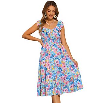 Floral Print Midi Dress for Women's Sleeveless Smocked Ruffle V Neck Flowy Boho Beach Dress