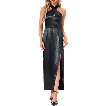 Women's Backless Dress Split Satin Floral Halter Deep V Neck Party Cocktail Maxi Dresses